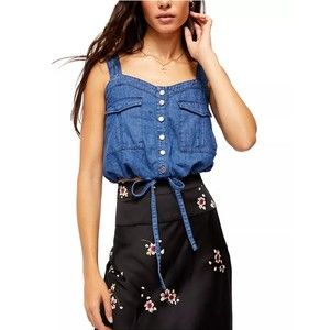 Free People Palm Desert Denim Blue Crop Tank Top Size XL NWT